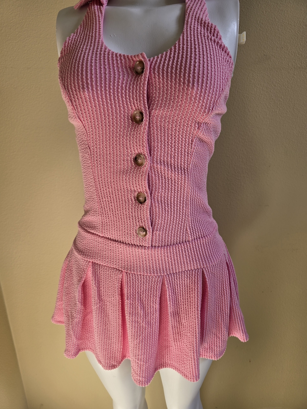 Brand New!Women's Pink Knit Button Halter Mini Dress - Picture 2 of 8
